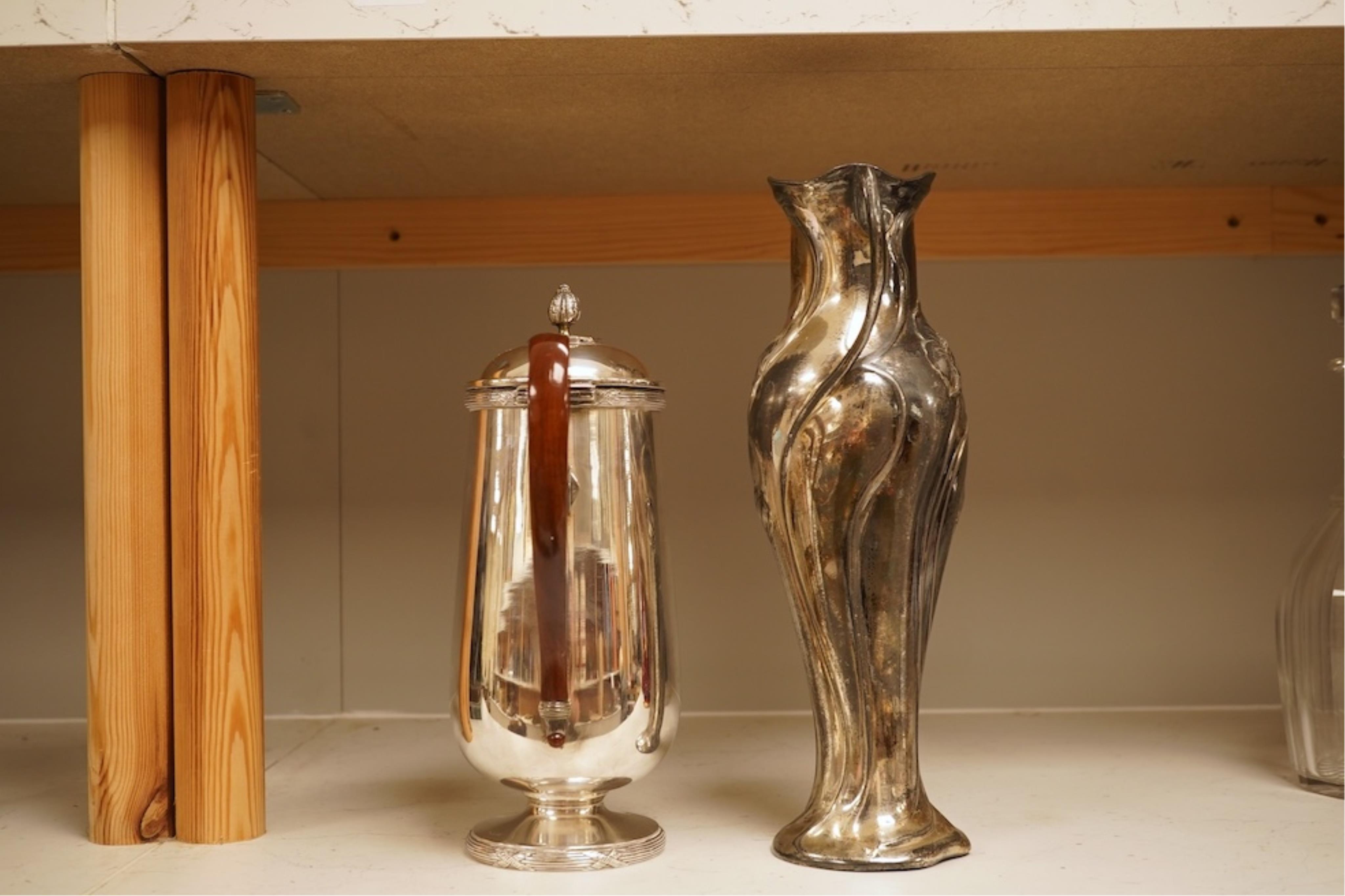 An Art Nouveau silver plated vase in WMF style, and a plated chocolate pot, vase 30cm high